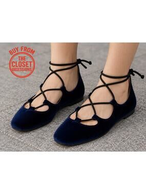 ZARA Navy Velvet Lace Up Ballet Flats NWT Balletcore Shoes Sizes 7.5 8 9